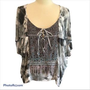Free People Blouse S P Beaded Silver Grey Fringe